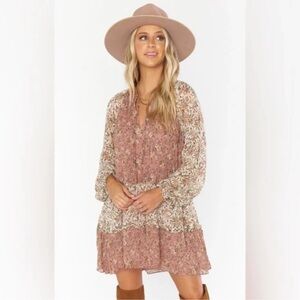 Show me your mumu Birdie floral long sleeve tiered mini dress western small pink